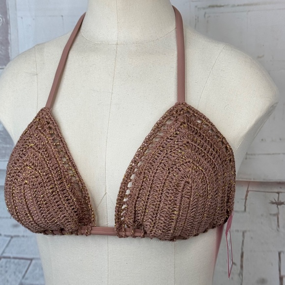 Xhilaration Juniors Beige Brown Bikini Crochet Swim Triangle Top Large 8 10 NEW - Picture 3 of 11